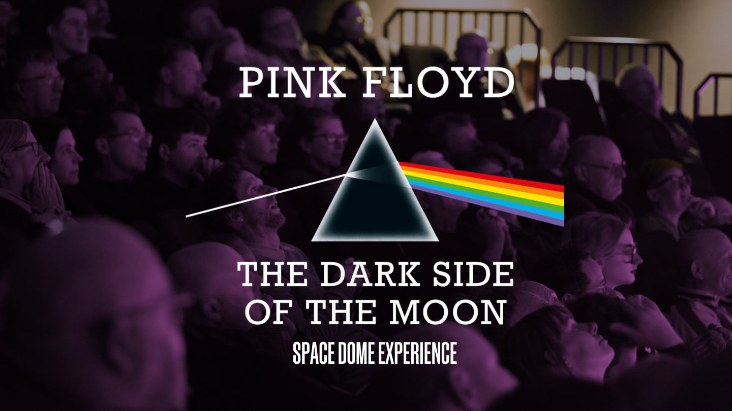 A photo of a crowd watching a Space Dome show, with The Dark Side of the Moon album cover overlayed.