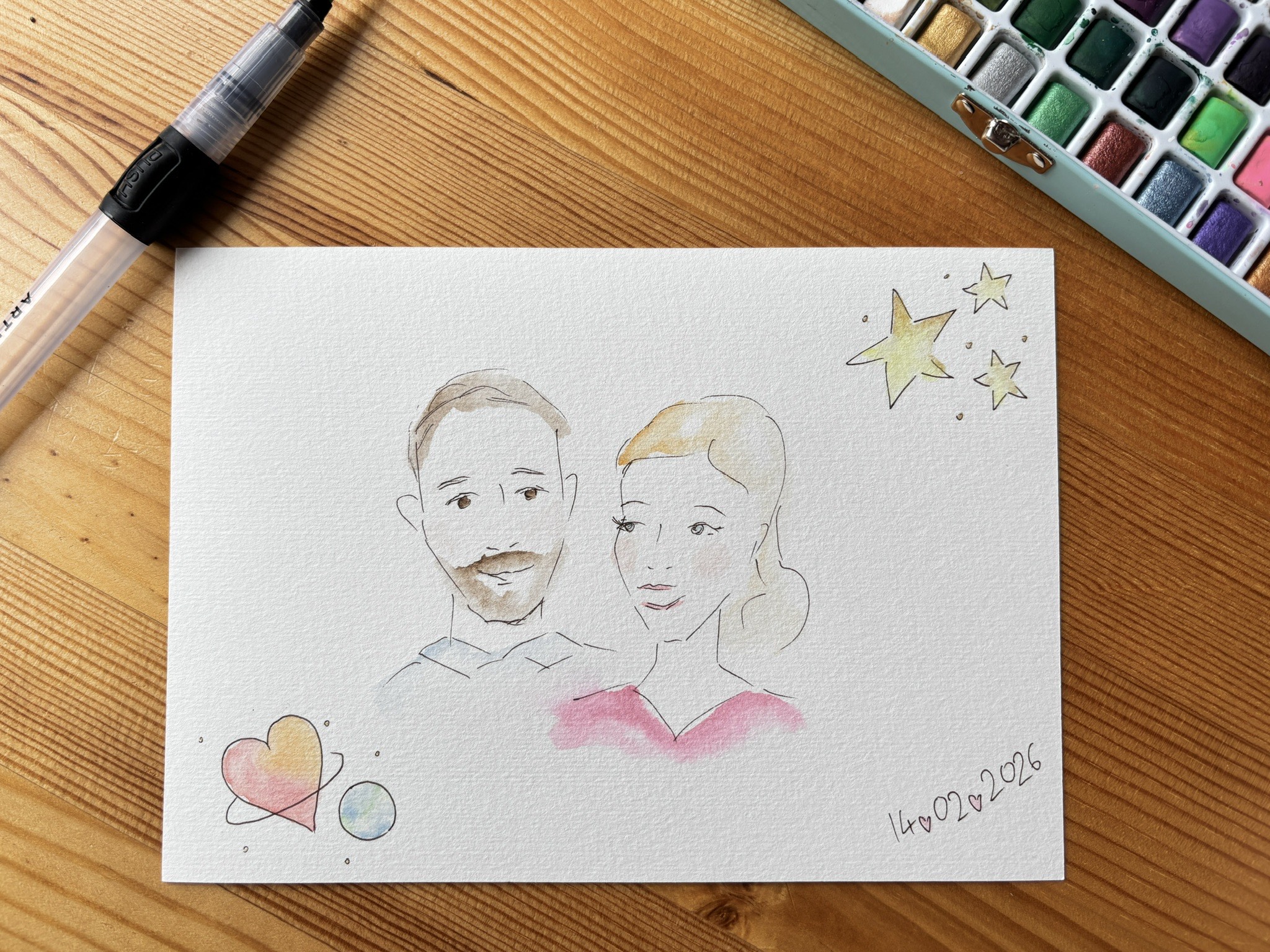 A space-themed Valentine's day watercolour sketch of a couple.