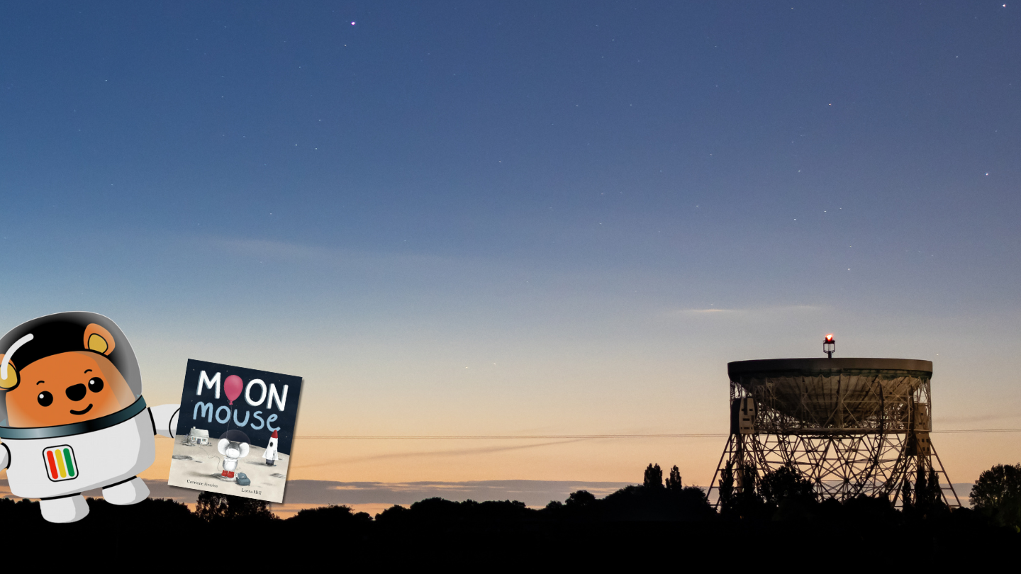 A photo of the Lovell accompanied by Ted, a cartoon astronaut bear, and Moon Mouse (Hachette UK)