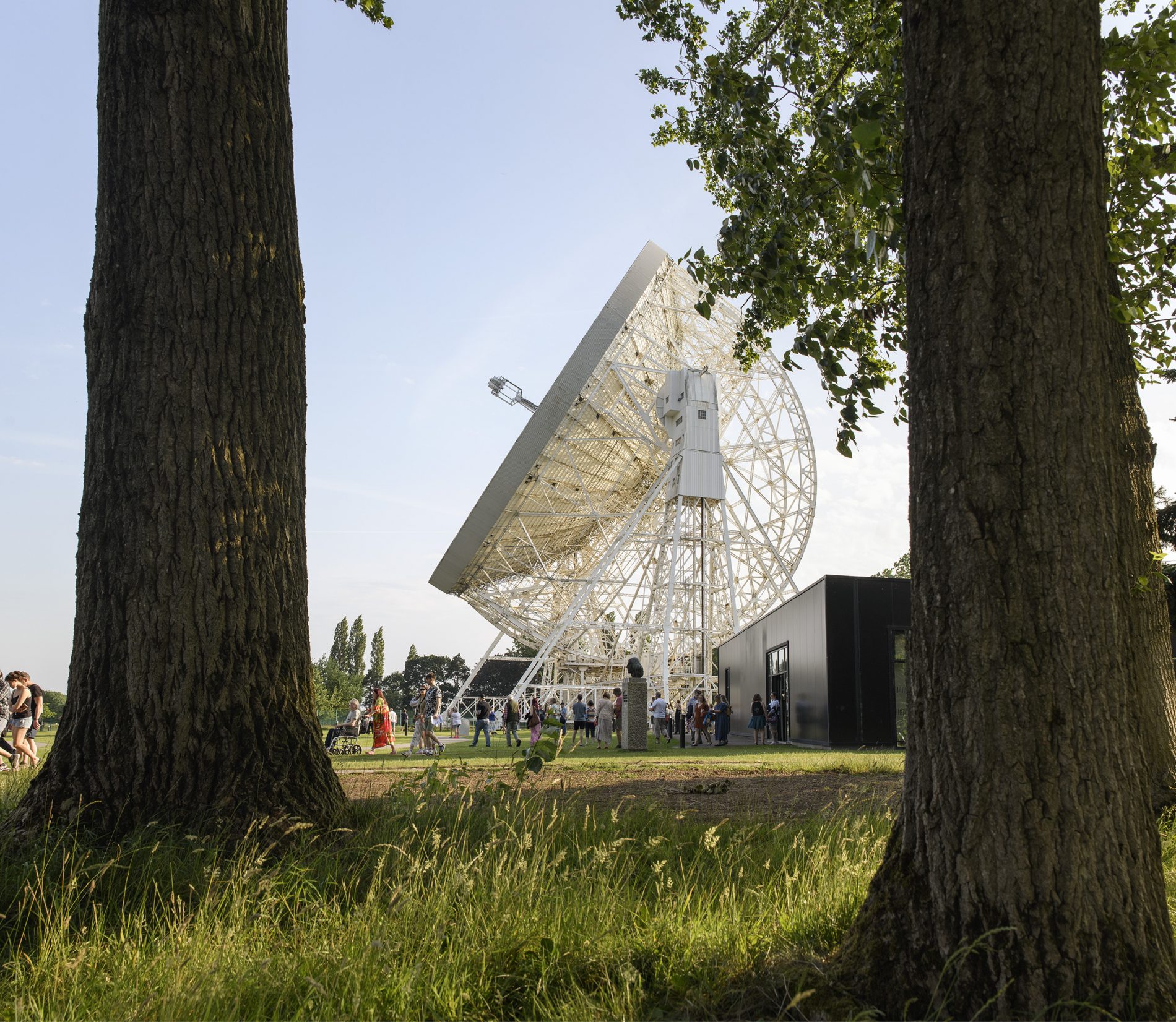 The Lovell Telescope, framed by two trees, with a busy crowd in the foreground.