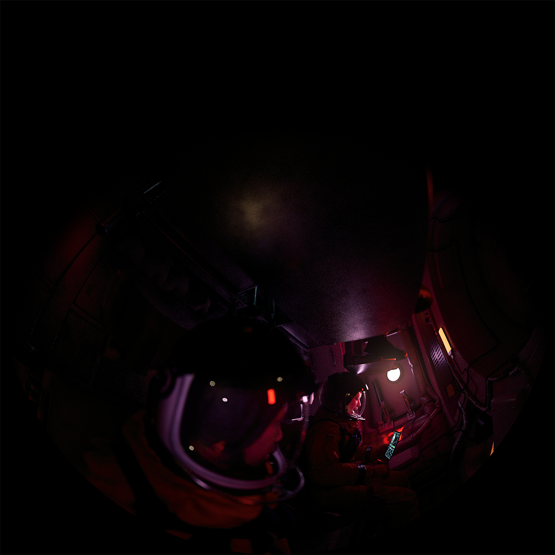 A depiction of two astronauts preparing in a cockpit, from NSC's 'One Step Beyond' Dome Show.