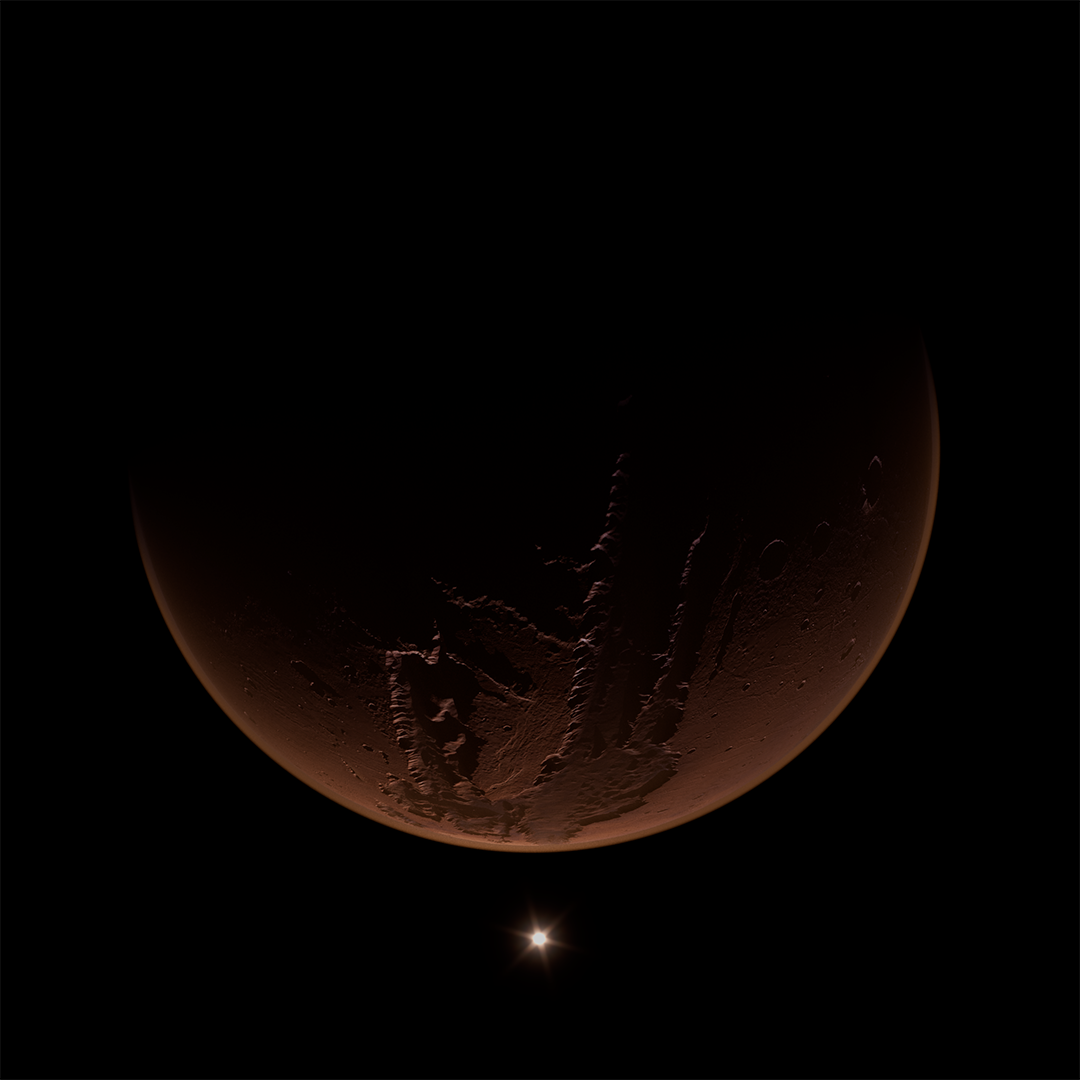 A depiction of Mars, with the sun distant in the background, from NSC's 'One Step Beyond' Dome Show.