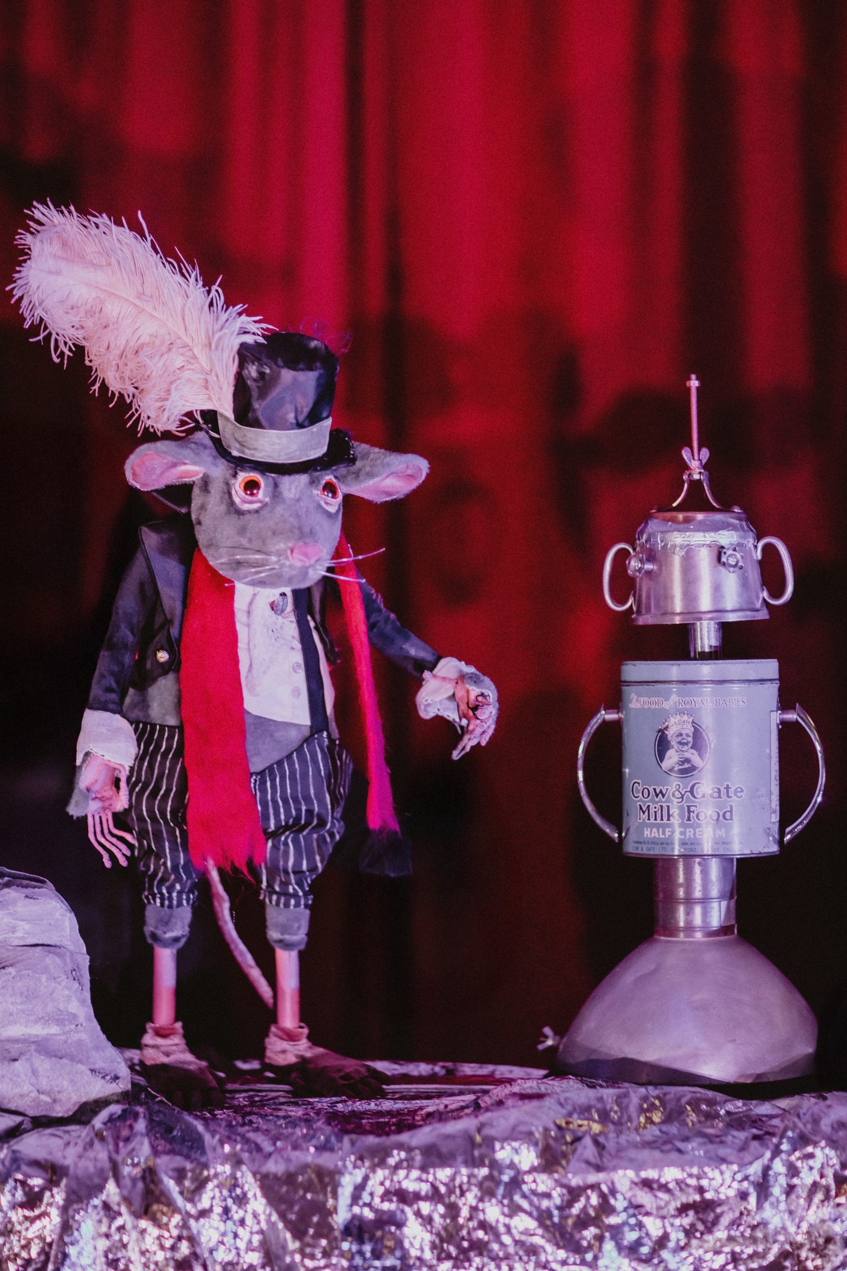 A mouse puppet on stage. Credit: Goofus Theatre. All in a Mouse's Night.
