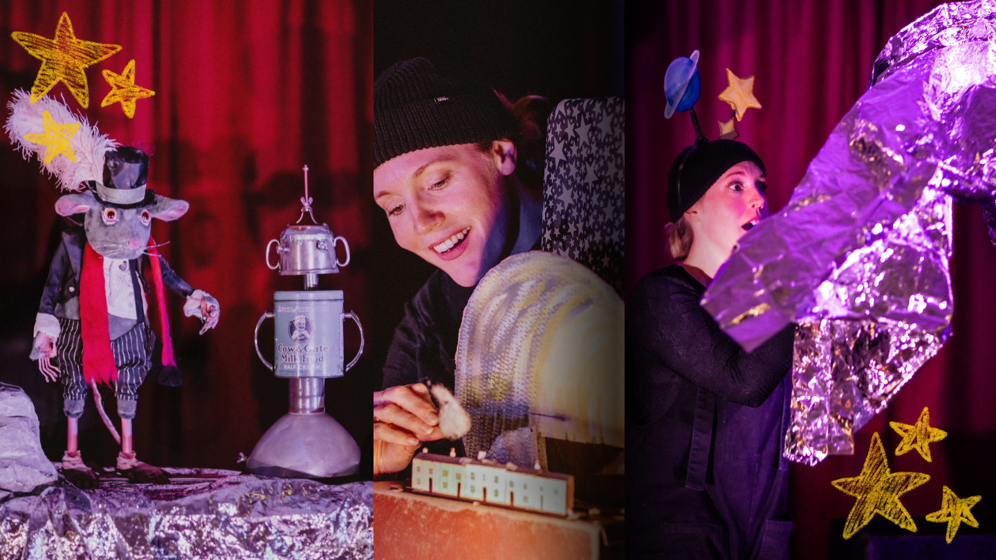 A selection of photos of performers doing puppet theatre with a mouse. All in a Mouse's Night.
