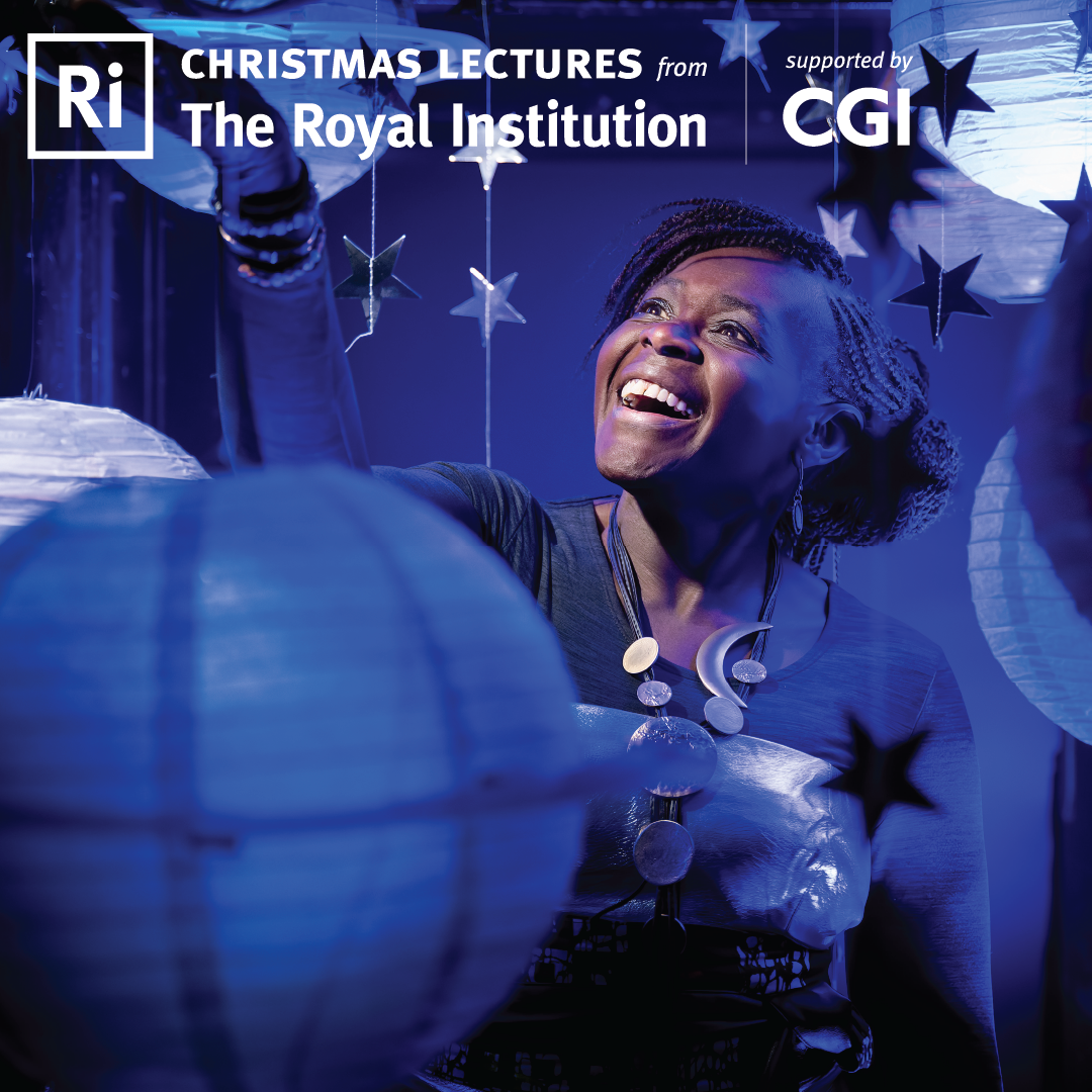 Dame Dr Maggie Aderin-Pocock against a starry blue backdrop, captioned: 'The Royal Institution Christmas Lectures, supported by CGI.'