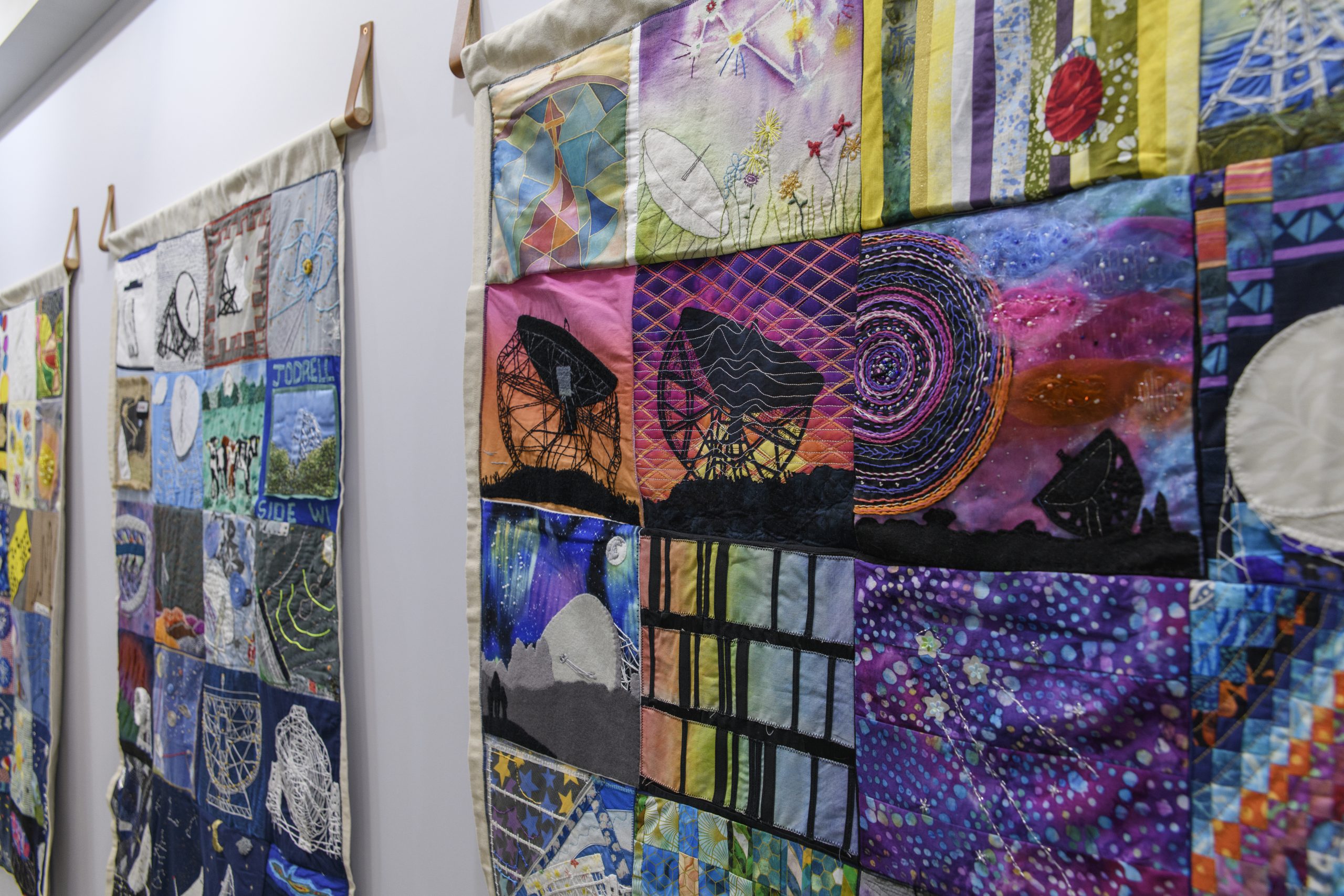 A close-up look at one of the quilts, depicting the Lovell Telescope.