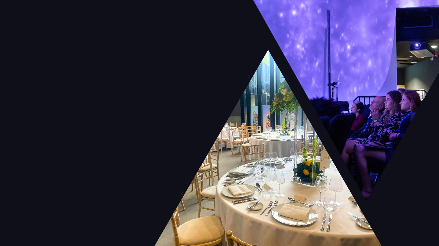 Two geometric photos showing a formal dinner setup and guests watching a presentation inside the Space Dome