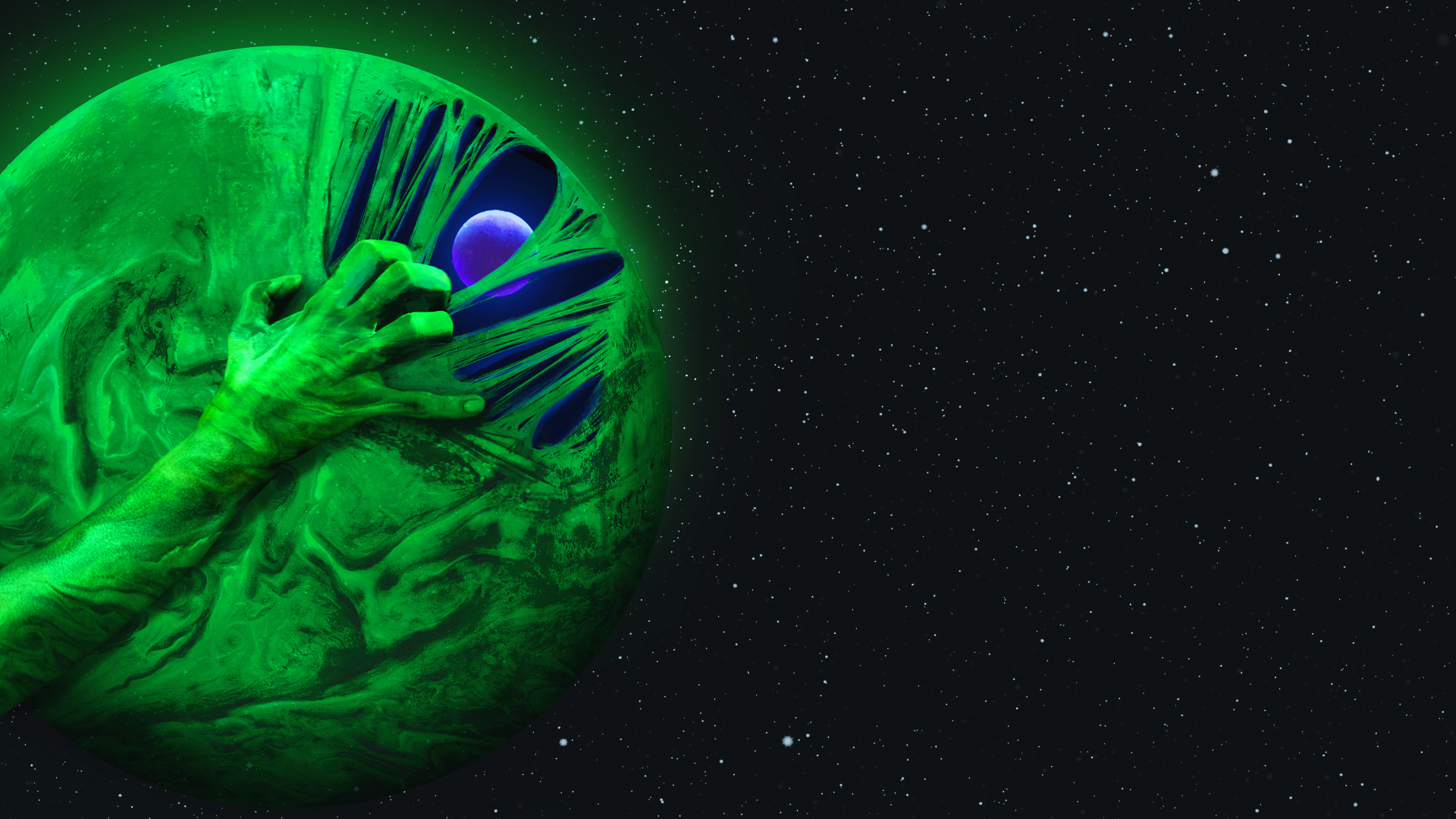 A green lit hand claws at goo on a spaceship window. A blue planet is visible outside the window, and there is a backdrop of stars against a dark sky.