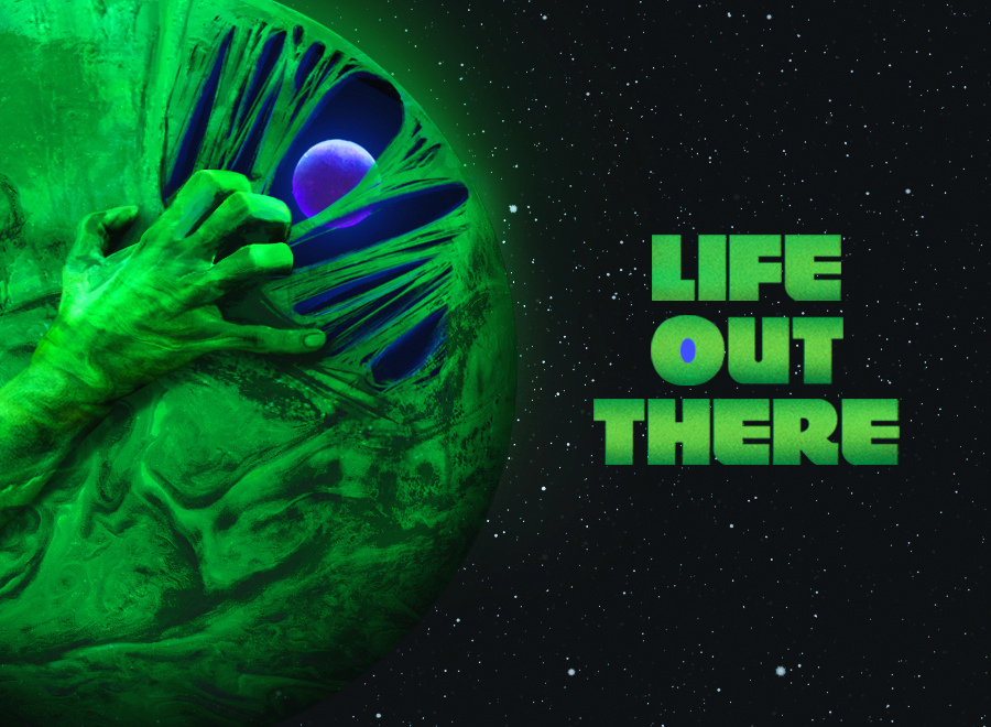 A green lit hand claws at goo on a spaceship window. A blue planet is visible outside the window, and there is a backdrop of stars against a dark sky.