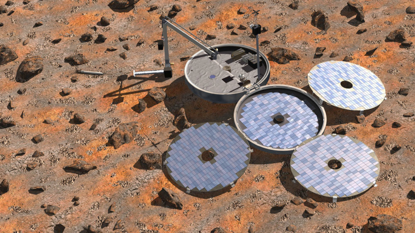 Artist's impression of the Beagle 2 Mars lander with deployed solar panels on a rocky Martian surface.
