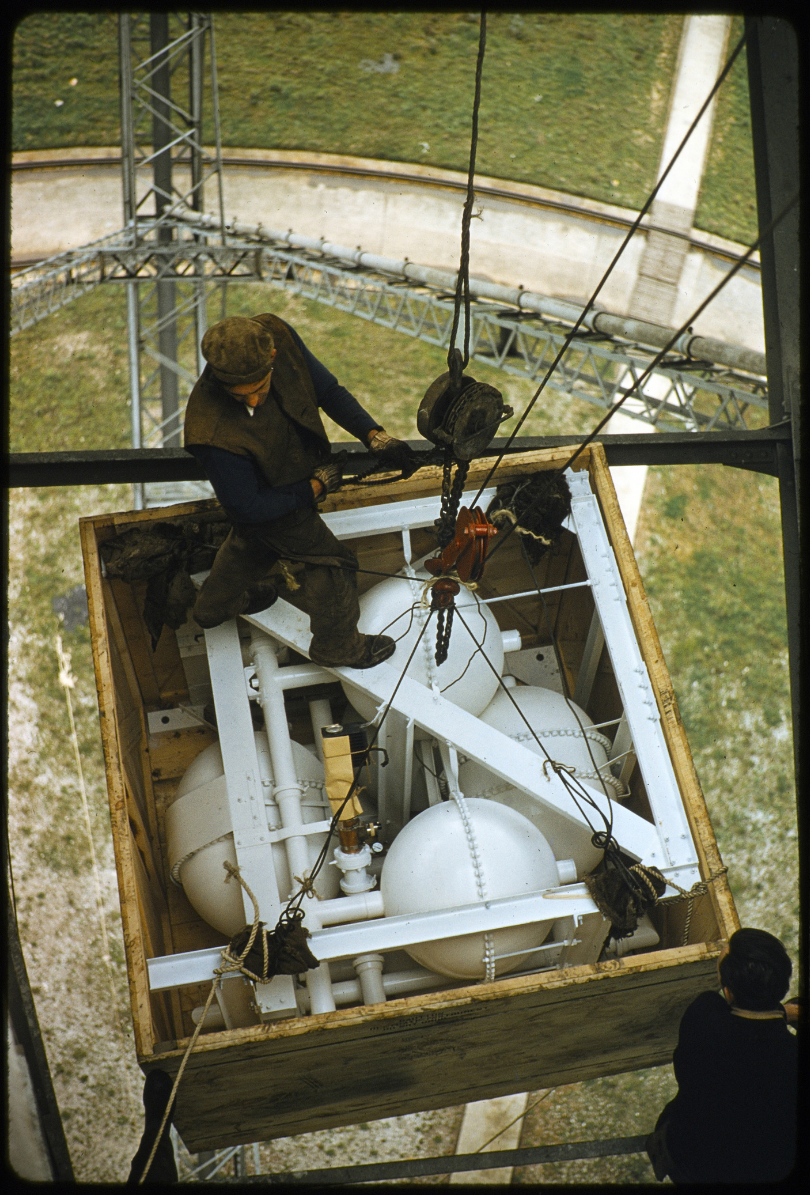 A worker suspended from the Lovell Telescope