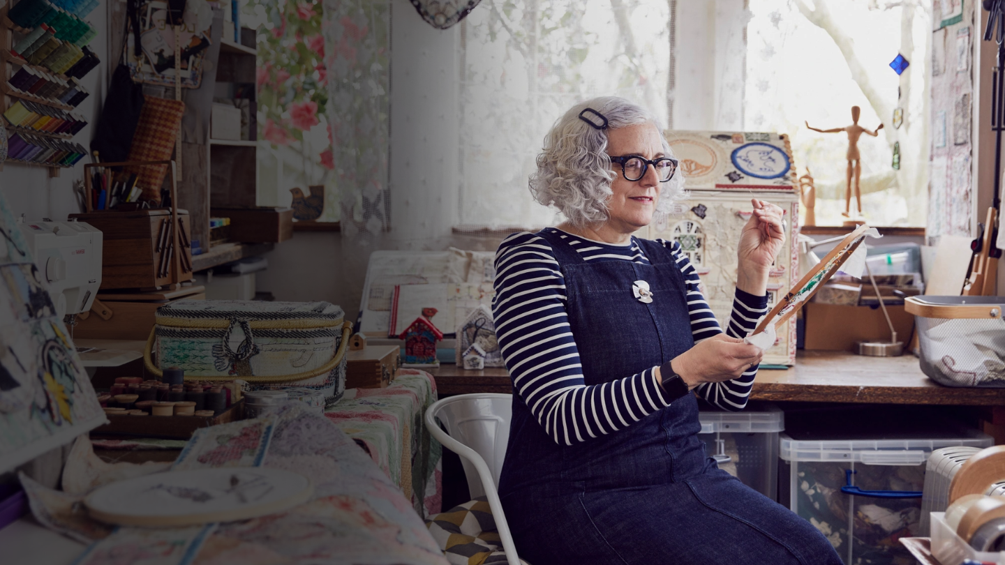 A photo of Anne Kelly in her workshop (taken by Alun Callender)