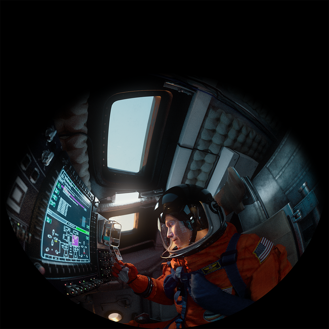 An astronaut operating a spacecraft from a cockpit.