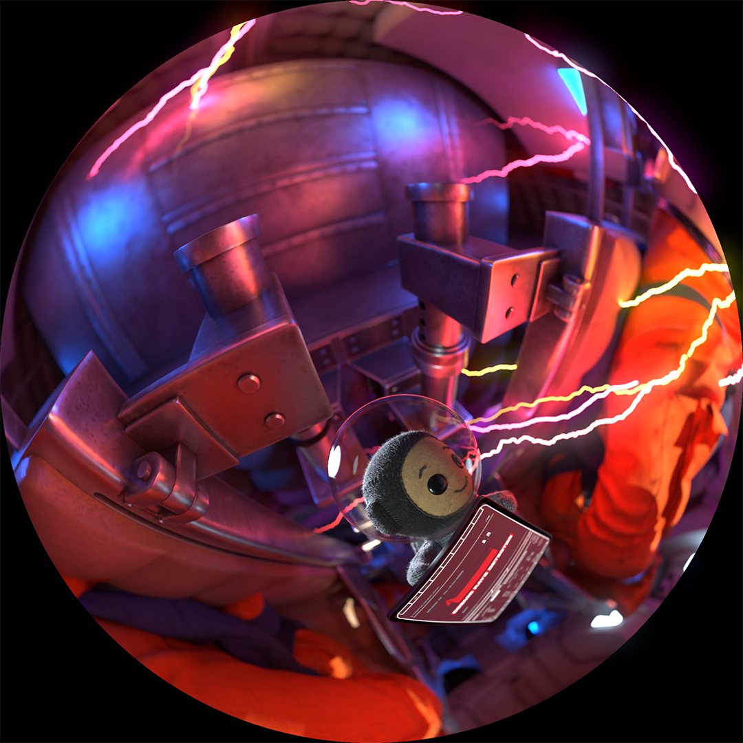 A small animated figure wearing a spacesuit, floating in a spacecraft.