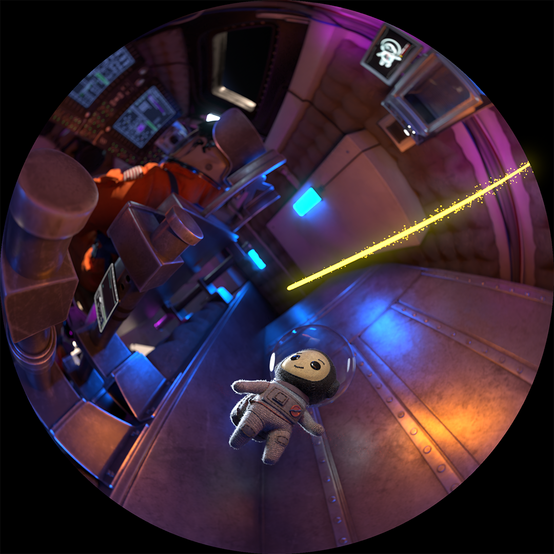 A small animated figure wearing a spacesuit, floating in a spacecraft.