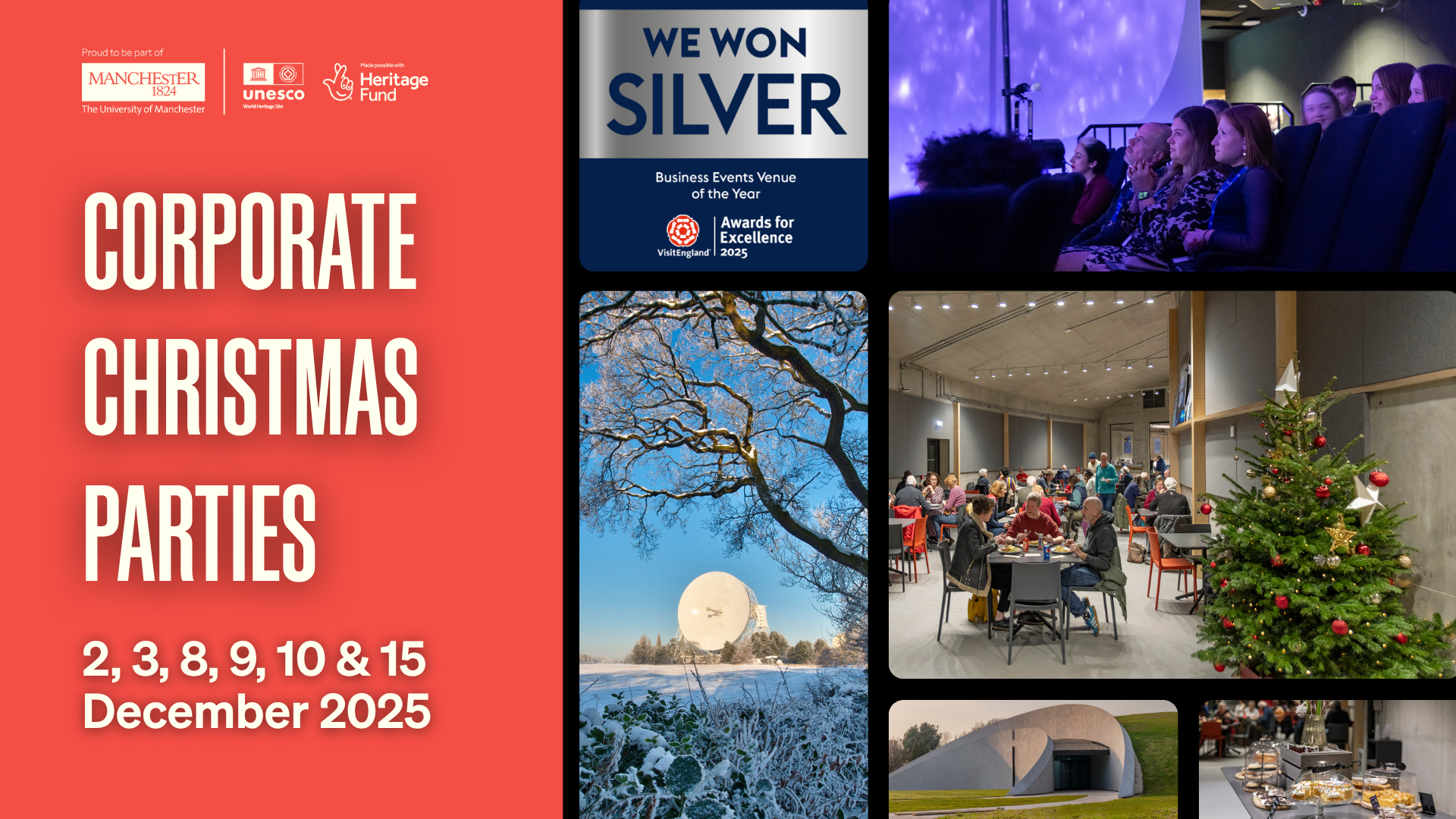 A selection of photos depicting the Corporate Christmas Parties offer, including teams eating in the FLP by a Christmas tree, a Space Dome screening, the Lovell in snow, and a silver award for Business Events Venue of the Year (Visit England).