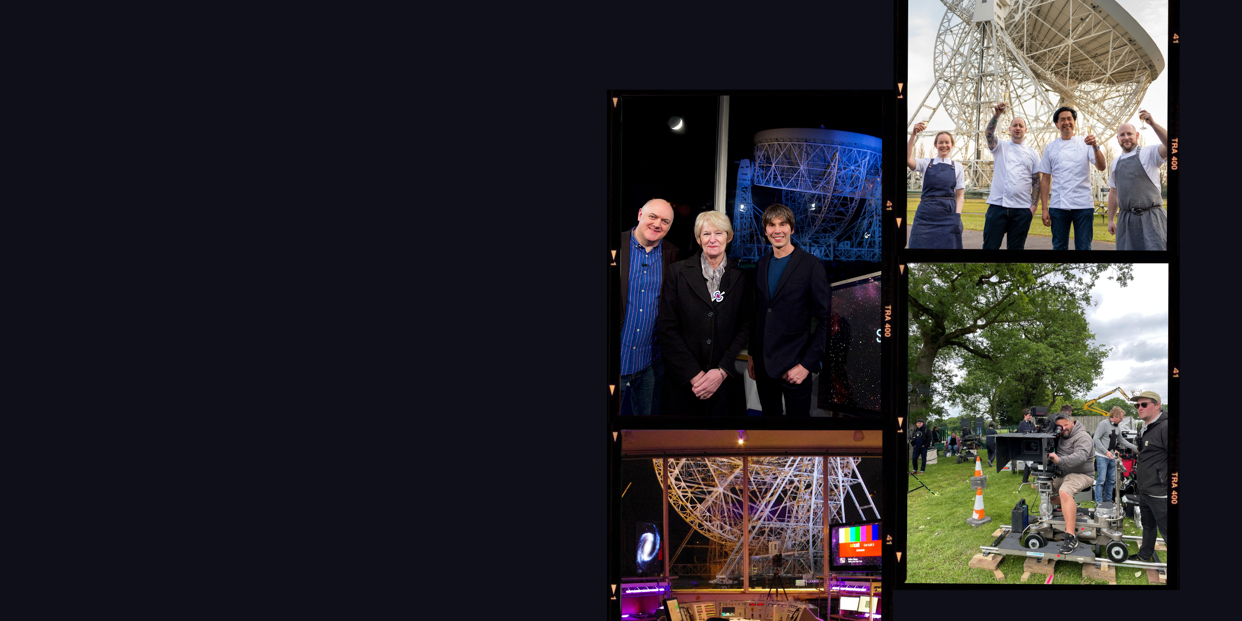 A selection of photos showing past productions at Jodrell Bank, including Stargazing Live and Masterchef.