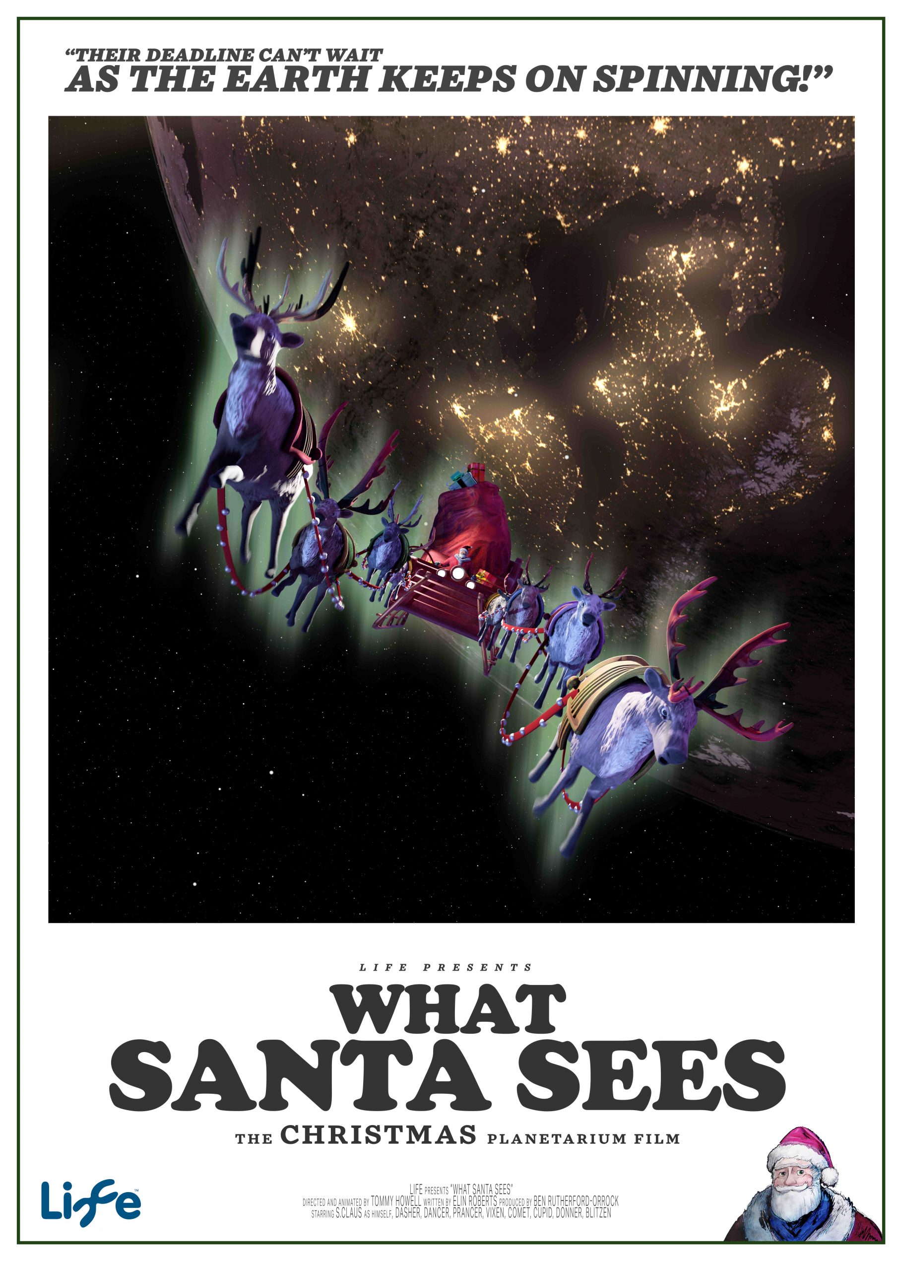 A poster for the 'What Santa Sees' planetarium show, depicting Santa and his sleigh.